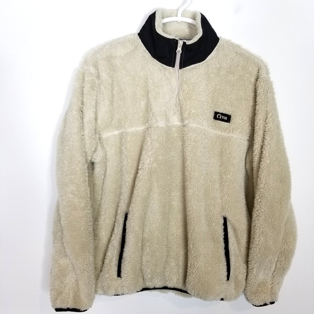 Zyia Women Fleece Pullover Sweatshirt Jacket Sz M Sherpa Teddy 1/4 Zip Ivory